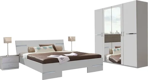 Wimex Komplettschlafzimmer Anna (4-tlg) - Komplettzimmer Set in Weiß mit Chrom-Akzenten, inklusive 4-türigem Kleiderschrank, Bett 180x200cm und 2 Nachttischen – ideal für modernen Stil und optimalen Stauraum.