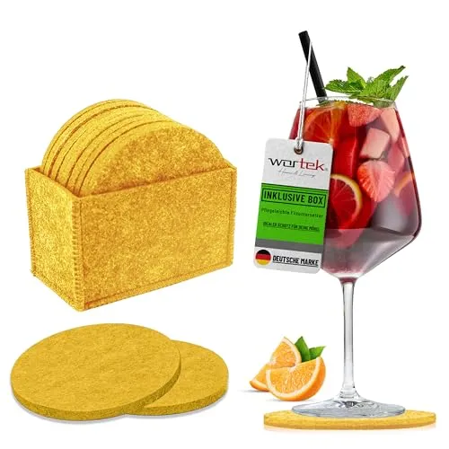 wortek Filzuntersetzer rund für Gläser – 10er Set mit Aufbewahrungsbox, Glasuntersetzer für Getränke, Tassen, Bar, Glas - Ø 10cm Tischuntersetzer Untersetzer Gläser Gelb