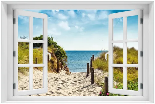 Wallario Glasbild Fenster-Illusion 60 x 90 cm mit Fensterrahmen- Auf Sandweg