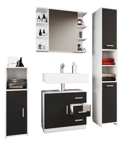 VCM 4-tlg. Badmöbelset Zalo III - Badmöbel-Set für stilvolle Badezimmergestaltung, bestehend aus Unterschrank, Midischrank, Hochschrank und Spiegelschrank – ideal für eine optimale Raumausnutzung.