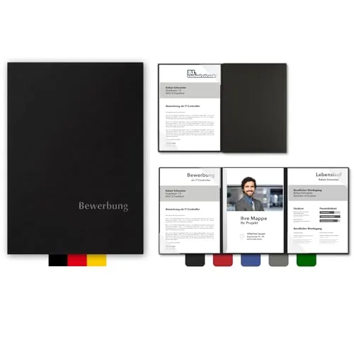 BL-exclusivdruck® EASY 3-teilige Bewerbungsmappen in Schwarz - Edle Relief-Prägung - 5 hochwertige Bewerbungsmappen aus der BL-exclusivdruck Kollektion, perfekt strukturiert für bis zu 25 Blatt. Handgefertigt in Deutschland für einen bleibenden Eindruck!