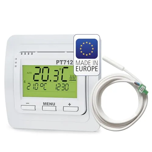 ELEKTROBOCK PT712-EI Raumthermostat 230V – Digitaler Thermostat für elektrische Fußbodenheizung – Wochenprogramm, LCD-Display, externer Fühler, Unterputzmontage