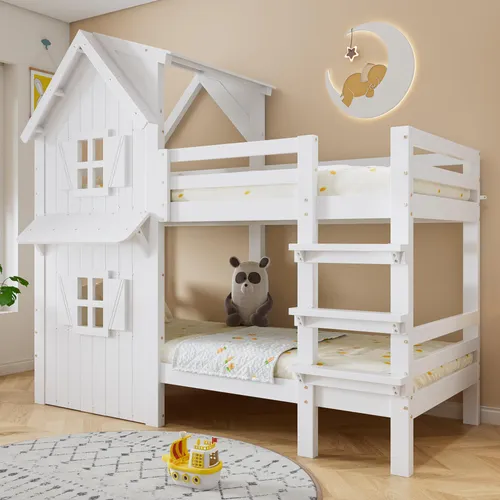 SOFTWEARY Etagenbett mit 2 Liegeflächen und Lattenrost (90x200 cm) - Praktisches Kinderbett aus Kiefer mit Rausfallschutz und Leiter. Ideal für platzsparendes Schlafen und sicheres Spielen. Perfekt für kleine Räume!