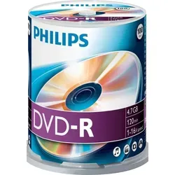 Philips DVD-R Rohlinge 100er Spindel - Rohlinge mit 4,7 GB Kapazität und 120 Minuten Video, ideal für die Archivierung. Hohe Lebensdauer und 16x High Speed Aufnahme für optimale Nutzung.