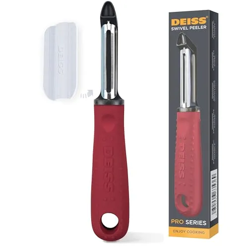 Deiss PRO Swivel Gemüseschäler - Scharfer Edelstahlschäler mit einfachem, rutschfestem Griff, Kartoffelschäler für die Küche, Obst, Karotte, Apfel, Gemüse, Kiwi, langlebig und spülmaschinenfest (RED)