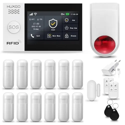 HUXGO® HXA007 Alarmanlage Haus WiFi + GSM mit Funk Sirene | Alarm System mit Fenstersensor, 12x Bewegungssensoren | Alarmanlage Wohnung, Garage | Smart Home Security TUYA
