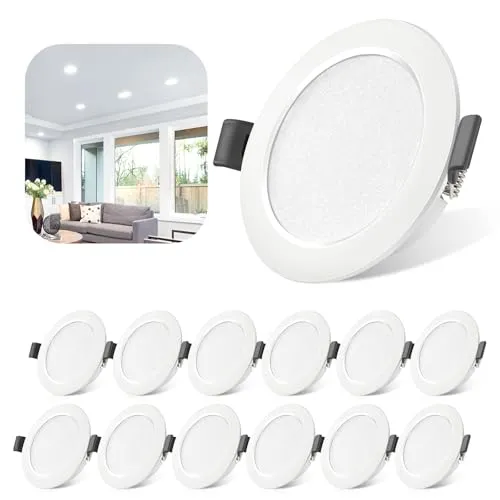 LED Einbaustrahler Ultra Flach 230V 5W IP44, 6000K Kaltweiß 12er Set LED Spot 68-80mm EinbauØ, 450lm Spots Deckenleuchte Einbautiefe 25mm, Einbauleuchten Deckenspot für Badezimmer Wohnzimmer Küche
