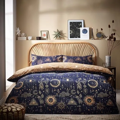 Furn. Constellation Bettwäsche-Set für Doppelbett, Baumwolle, Polyester, Gold/Marineblau, CONSTEL/D02/GNV
