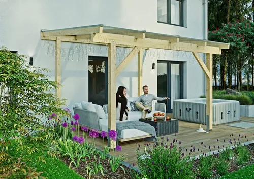 KONIFERA Terrassendach Capella, BxT: 409,2x350 cm, Bedachung Hohlkammerplatten, Bausatz aus naturbel. Leimholz mit lichtdurchl. Polycarbonat-Pultdach