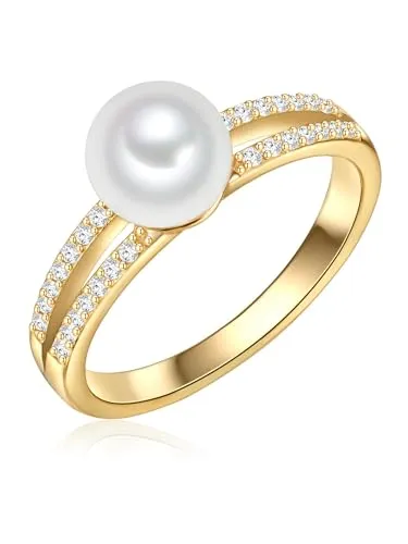 Valero Pearls Silberring gelbgold mit Zirkonia - Eleganter Perlenring aus 925er Sterling Silber, veredelt mit Gelbgold und funkelnden Zirkonia. Perfekt für stilbewusste Damen und ein ideales Geschenk für Perlen-Liebhaberinnen.