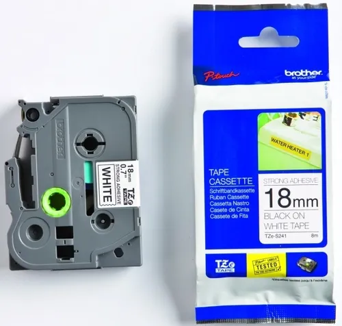 Brother P-Touch Band TZe-S241 - Laminierte Etiketten schwarz auf weiß, 18mm x 8m, extra stark für langlebige Beschriftungen und optimale Organisation