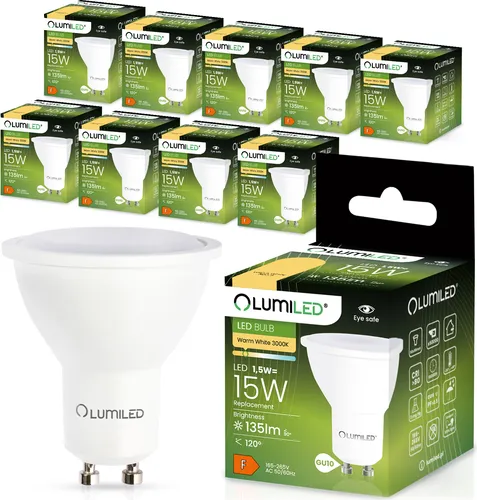 LUMILED GU10 LED Lampen 1,5W 135 Lm Leuchtmittel 3000K warmweiß Birne Strahler Spot, ersetzt 15W Halogenlampen, 120° Abstrahlwinkel Reflektor 10 Stück