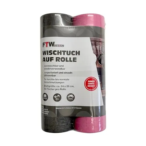 FTWDesign Universal Wischtuch auf Rolle in schwarz und pink im 2er Set