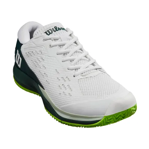 Wilson Rush Pro Ace Allcourt 2024 - Herren Tennisschuh in Weiß/Dunkelgrün - Tennisschuhe mit 4D Support Chassis für optimale Stabilität und Kontrolle, ideal für Spieler mit breiten Füßen. Atmungsaktives Mesh sorgt für höchsten Komfort auf dem Platz.