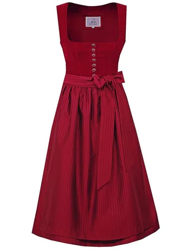 MarJo Trachten Damen Dirndl Nussdorf in Kirsche - Elegantes Midi-Dirndl in Kirschrot mit luxuriösem Samtmieder und Balconette-Ausschnitt für eine feminine Silhouette. Ideal für Wiesn und festliche Anlässe. Inklusive passender Schürze, Rocklänge 70 cm.