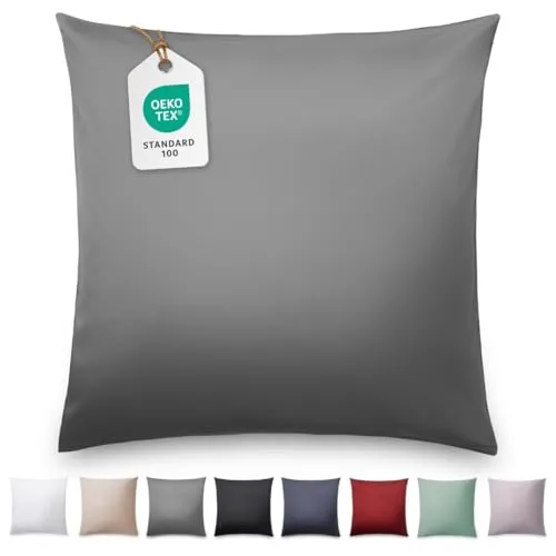 Blumtal Mako Satin Kissenbezug 40x40 Baumwolle Anthrazit - Kissenhülle aus 100% Baumwolle - Edle Glanzoptik & Reißverschluss - Satin Kissenbezug für Kissen 40x40 Dekokissen & Sofakissen