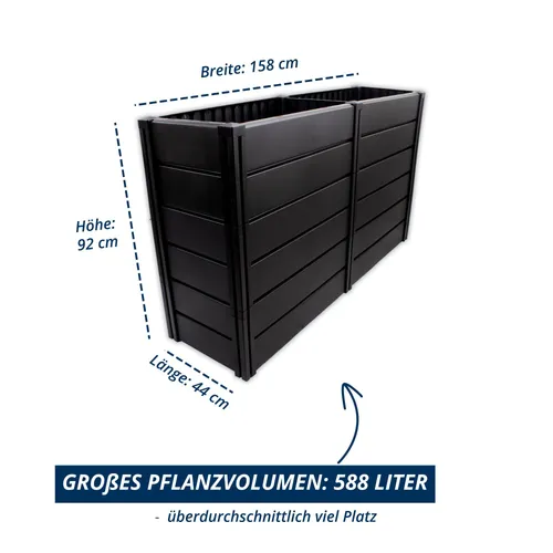 KHW-Hochbeet Demeter XXL-schmal 588 L - Platzsparendes Hochbeet mit 588 L Pflanzvolumen. Ideal für rückenschonendes Gärtnern auf schmalen Flächen. Aus robustem, 100 % recyceltem Kunststoff, wetterfest und langlebig. Schneller Aufbau ohne Werkzeug.