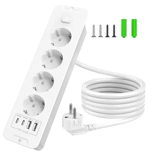 Inhwatek Steckdosenleiste mit USB (PD 20W), 4-Fach Einbausteckdose, Versenkbare Steckdose 8-in-1 Tischsteckdose, Mehrfachsteckdose mit 2M Kabel Für Küche Büro Arbeitsplatte, 16A/3680W