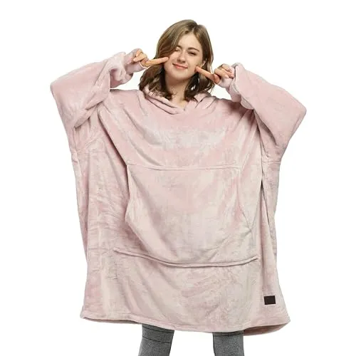 Catalonia Classy Übergroße Fleece Hoodie Decke Rosa, Warme Großes Kapuzendecke Tragbare Decke zum Anziehen, Flauschige Kapuzenpulli Decke mit Ärmeln und Kapuze als Geschenkidee für Damen und Herren