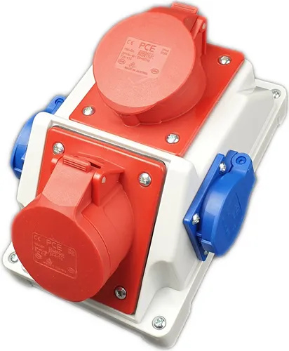 RoadEu Kombi Wandsteckdose 2x CEE 16A und 2x Schuko 230V - Steckdosen & Zubehör, IP44 Dichtheitsklasse für staub- und feuchtigkeitsbeständigen Einsatz im Innen- und Außenbereich, ideal für Baustrom.