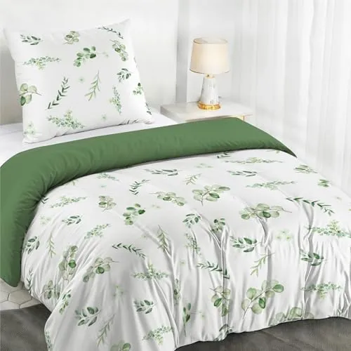 Dreamzie Bettwäsche Set 140x200 cm mit 1 Kissenbezügen 65x65 cm - Botanic-Motiv Salbeigrün - Bettwäsche 140x200 Einzelbett aus 100% Mikrofaser - Zertifiziert ohne Chemikalien (Oeko TEX)