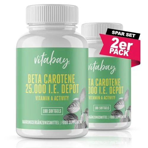 Vitabay Beta Carotin Depot Bräunungskapseln - 360 VEGANE SOFTGELS (2er Set) mit 25000 I.E - Vorstufe von Vitamin A hochdosiert Kapseln Bräune Karottensaft Karotin
