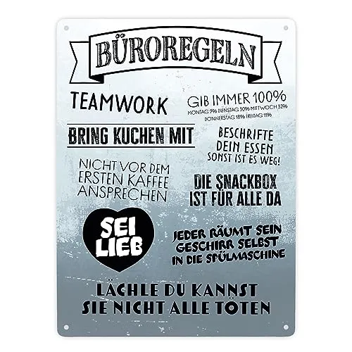 Büroregeln Metallschild XXL in 28x38 cm Blechschild für das Büro Dekoration witzig mit Sprüchen Regeln im Büro Deko für den Arbeitsplatz Verhaltensregeln lustig