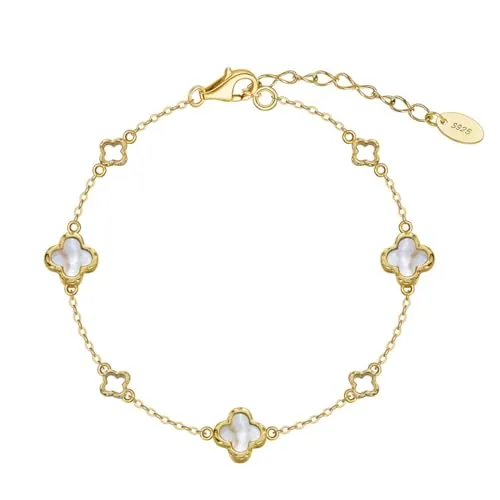Suzan Gold® Vergoldetes Damen Armband aus 925 Silber mit zarten Perlmutt-Kleeblättern | Filigraner Glücks-Schmuck Luckra – wasserfest, hypoallergen & edel | Wunderschönes Geschenk für stilvolle Frauen