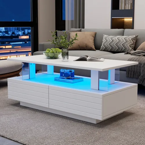 okwish Couchtisch Beistelltisch mit Schublade&LED-Beleuchtung,Kaffeetisch mit Bluetooth-Handy-App-Steuerung, Weiß
