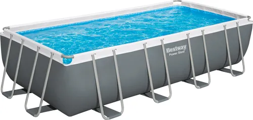 Bestway Power Steel Frame Pool Komplett-Set 549 x 274 x 122 cm - Eckiger Swimmingpool mit Sandfilteranlage, robustes TriTech-Material für Langlebigkeit, einfacher Aufbau ohne Werkzeug und integriertes Ablassventil für müheloses Entleeren.
