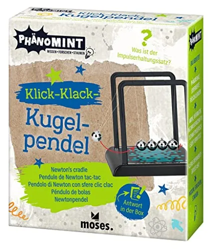 moses. PhänoMINT klick-Klack-Kugelpendel, Lernspielzeug Pendel für Kinder, aus Kunststoff und Stahl, Pendel Gadget mit Metallkugeln, Ballpendel, 30333, Schwarz, Mittel