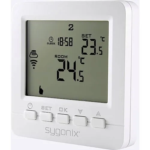 Sygonix SY-4500820 Funk-Raumthermostat - Unterputz Wochenprogramm Thermostat, ideal zur effizienten Steuerung von Heizgeräten und Fußbodenheizungen für maximalen Komfort.