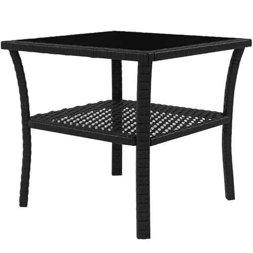 Outsunny Polyrattan Gartentisch, 50 x 50 x 45cm, wetterfest Beistelltisch für 4 Personen, Quadratisch Terrassentisch mit Ablage Glasplatte, Couchtisch Balkontisch für Garten, Terrasse, Balkon Schwarz
