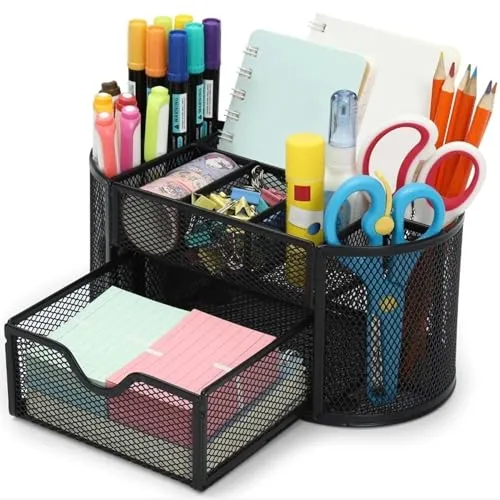 Chumix Schreibtisch Organizer, Büro Organizer mit Schublade und Stifthalter, Anti-Slip Mesh Metal Desk Organizer, Platzsparendes, para Hause, Schule, Büro (Schwarz)