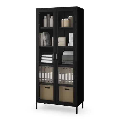 Jan Nowak 2-türiger Vitrinenschrank - Angelo - 80 x 185 x 45 cm - 4 Verstellbare Ablagen, Gehärtetes Glas, Wandmontage - Glasvitrine Stehend, Vitrine Glas, Wohmzimmerschrank Glitzernd - Schwarz