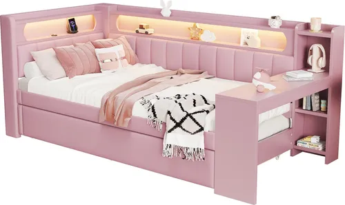Schlafsofa mit LED-Beleuchtung und Stauraum, 90x200 cm, Polsterbett