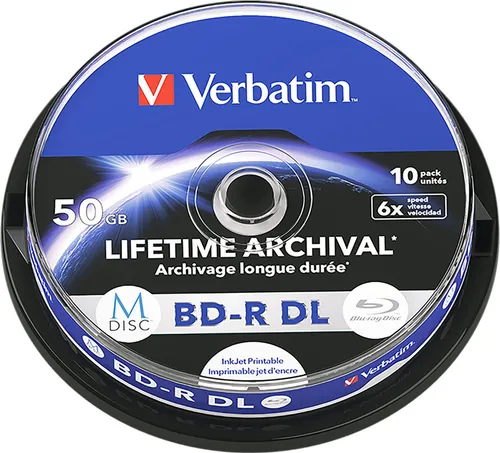Verbatim M-Disc BD-R BluRay 50GB 6x Speed - 10er Cakebox - Rohlinge mit 50GB Speicherkapazität, ideal für langfristige Datensicherung und hochqualitative Archivierung.