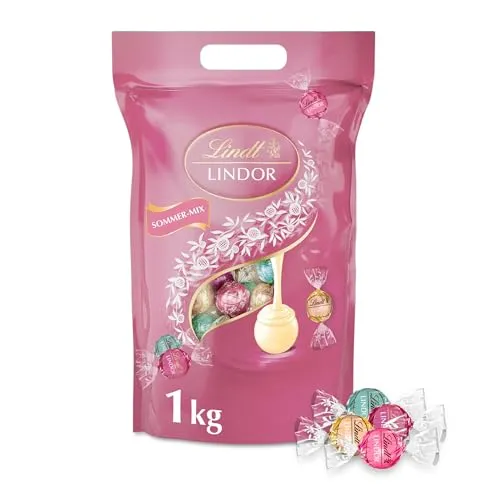 Lindt LINDOR Beutel Sommer-Mix | 1kg | 80 Kugeln - Genießen Sie den Sommer mit 80 zartschmelzenden LINDOR Kugeln in 4 erfrischenden Sorten. Ideal zum Teilen oder als Geschenk. Hochwertige Schweizer Schokolade für unvergessliche Genussmomente.