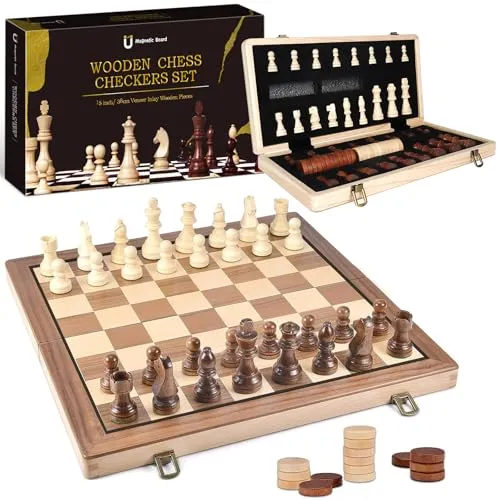 ZOBMIO 39 x 39 cm Tragbare Schach Klappbar, Holzschachspiel für Erwachsene, Tragbares Schachbrett Faltbares magnetisches Schachspiel Brettspiel für Kinder Anfänger Reisen Schachfigurenset