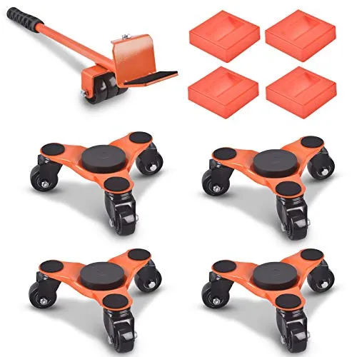 Ronlap 6-Inch Möbel Transportroller Set 9-teilig 4 Möbelroller & 1 Lastenheber & 4 Hebevorrichtung, 200kg Tragfähigkeit, Umzugshelfer für schwere Möbeln, Orange