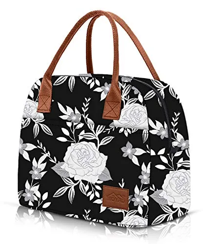 Moyad Mini Kühltasche Klein Lunchtasche Damen Lunchbag Mit Reißverschluss Thermo Lunchbox Kühlbox Für unterwegs Schule Fahrrad Faltbar Wasserdicht 12L Blumen Schwarz