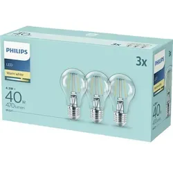 Philips Filament-Lampe, transparent, 40W A60 E27 x3, 4,3 W, 40 W, E27, 470 lm, 15000 h, Warmweiß