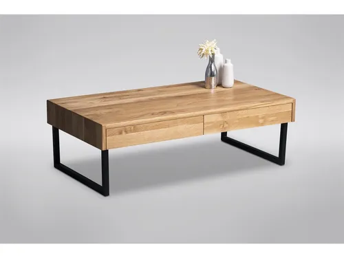 Couchtisch Linz aus massiver Wildeiche - Eleganter Couchtisch in braun mit modernem Metallgestell, bietet praktischen Stauraum durch 2 Schubladen und ist aus hochwertiger Wildeiche gefertigt.
