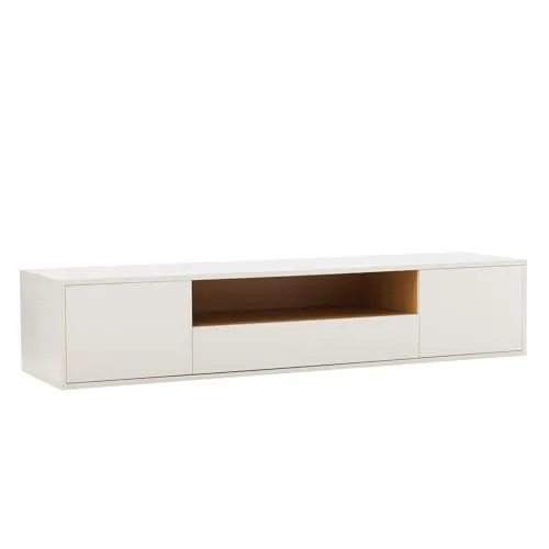 Riess Ambiente Hängendes TV-Board LOFT - 150 x 40 cm - Natur weiß - Modernes hängendes Lowboard im Eichen-Design mit fünf Fächern und einer Schublade. Platzsparend und stilvoll, ideal für eine aufgeräumte Wandmontage. Türen mit Push-to-open-Funktion für einfachen Zugriff.