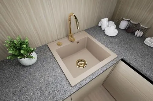 Faizee Granitspüle 48x50 cm mit Armatur - Sanitäranlagen & Zubehör – Hochwertige, kratzfeste Granitspüle mit elegantem Design, ideal für Unterschränke ab 45 cm und perfekt für den täglichen Gebrauch.