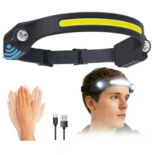 Gntodebj LED Stirnlampe Wiederaufladbar, Wasserdicht COB Kopflampe Dimmbar mit XPE Seiten-LED-Spot und Bewegungsgesten-Sensor für Adventure, Joggen, Camping, Angeln