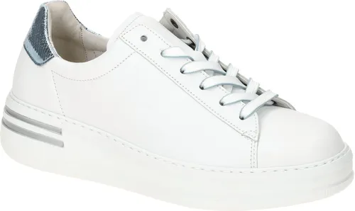 Gabor Comfort Sneaker 46.395.52 in Weiß und Blau - Sportlicher Damenschuh mit herausnehmbarer OptiFit-Decksohle für individuelle Einlagen. Flexible, rutschhemmende Laufsohle und hoher Tragekomfort für den Alltag.