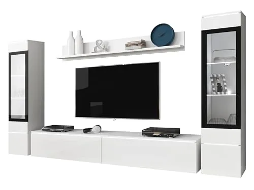 MIRJAN24 Wohnwand Vera II - Stilvolles Wohnzimmer-Set mit Beleuchtung - Moderne Wohnwand Vera II in Weiß Hochglanz, inklusive Vitrinen und TV-Lowboard. Mit eleganter Beleuchtung für ein stilvolles Ambiente im Wohnzimmer.