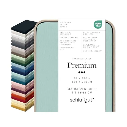 Schlafgut Spannbetttuch Premium aus Bio Baumwolle 90x190 - 100x220 cm | petrol-light - blau - Bettlaken aus Bio Baumwolle mit 5% Elasthan für perfekten Sitz und luxuriösen Griff. Pflegeleicht, trocknergeeignet und umweltfreundlich verpackt.