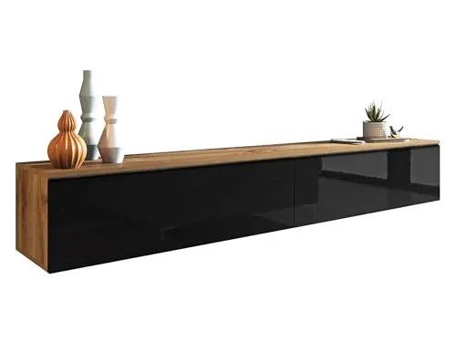 MIRJAN24 TV-Lowboard Detroit D180 - Stilvoller TV-Tisch mit 2 Türen - Moderner TV-Schrank in Wotan/Schwarz Hochglanz, ideal für stilvolle Wohnzimmergestaltung. Bietet viel Stauraum und ist einfach selbst aufzubauen.
